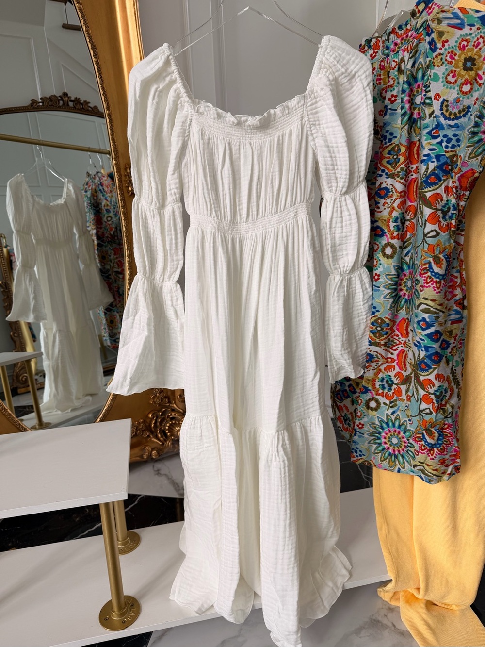 Boho White Smocked Maxi Dress with Puff Sleeves